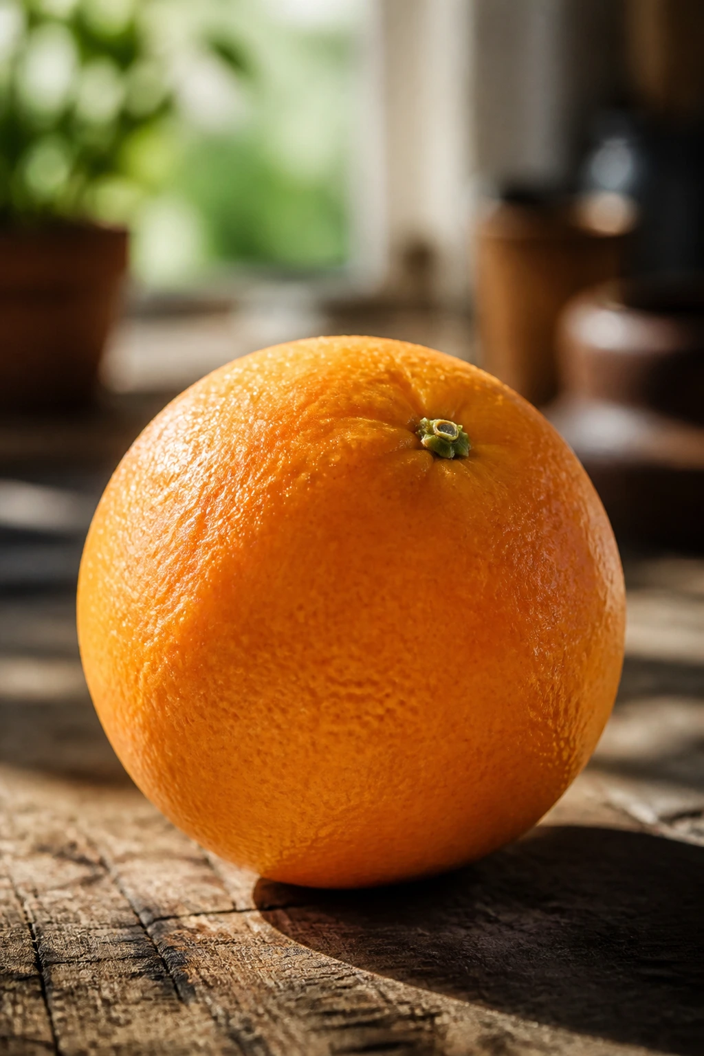 Citrus Relief: Are Oranges Good For Diarrhea? 7 Close-up of a single ripe orange on a wooden kitchen surface with natural light