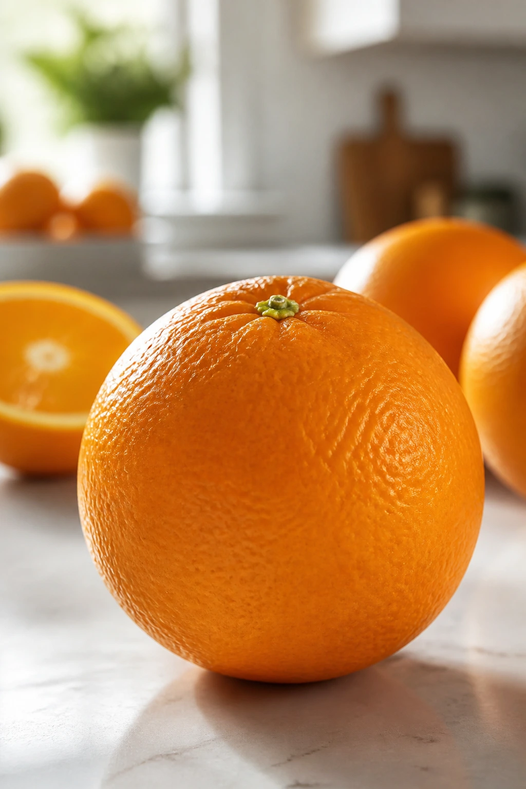 Close-up of a ripe orange on a kitchen counter illustrating selecting and enjoying fresh oranges