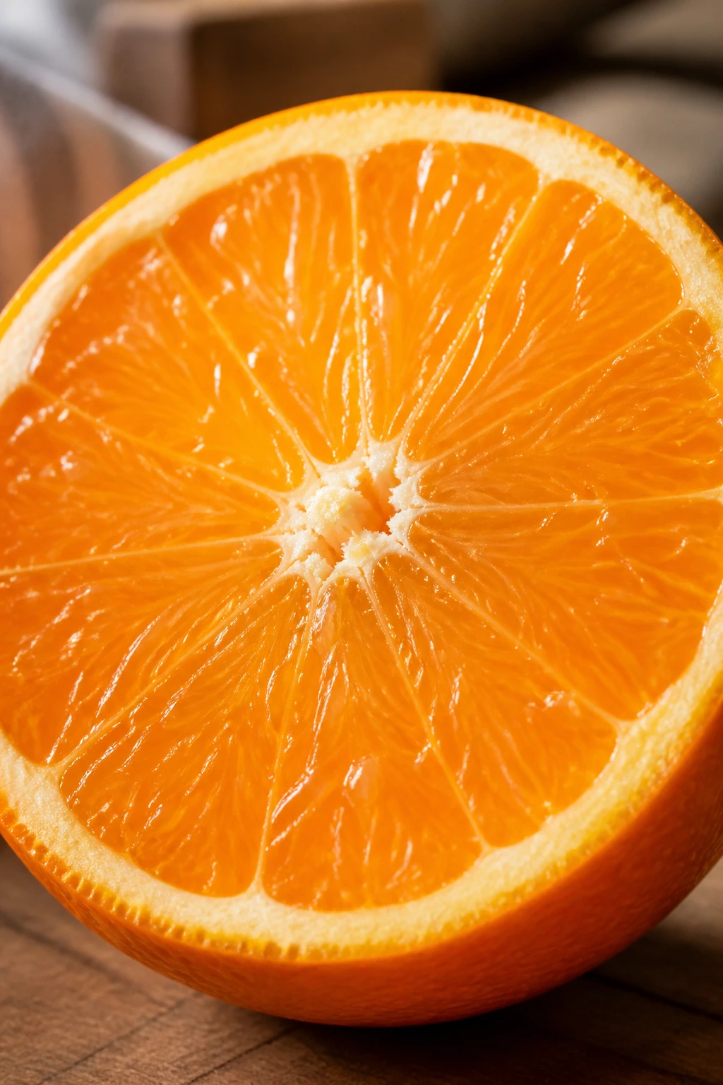 Close-up of halved orange showing juicy segments