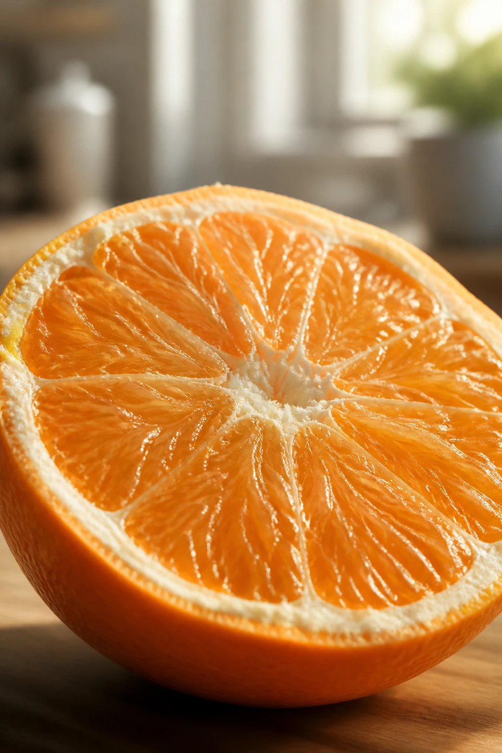 Peeled orange half with juicy segments in a warm kitchen