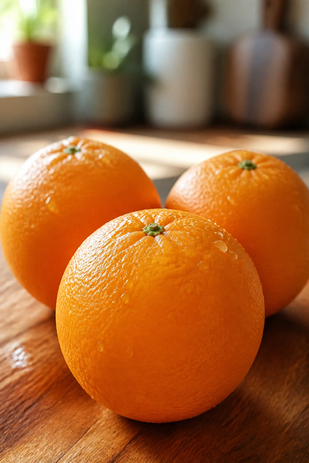 To Eat Orange Before Or After Workout? Which Should Choose? 1 Close-up of three ripe oranges filling the frame on a wooden kitchen counter with droplets.