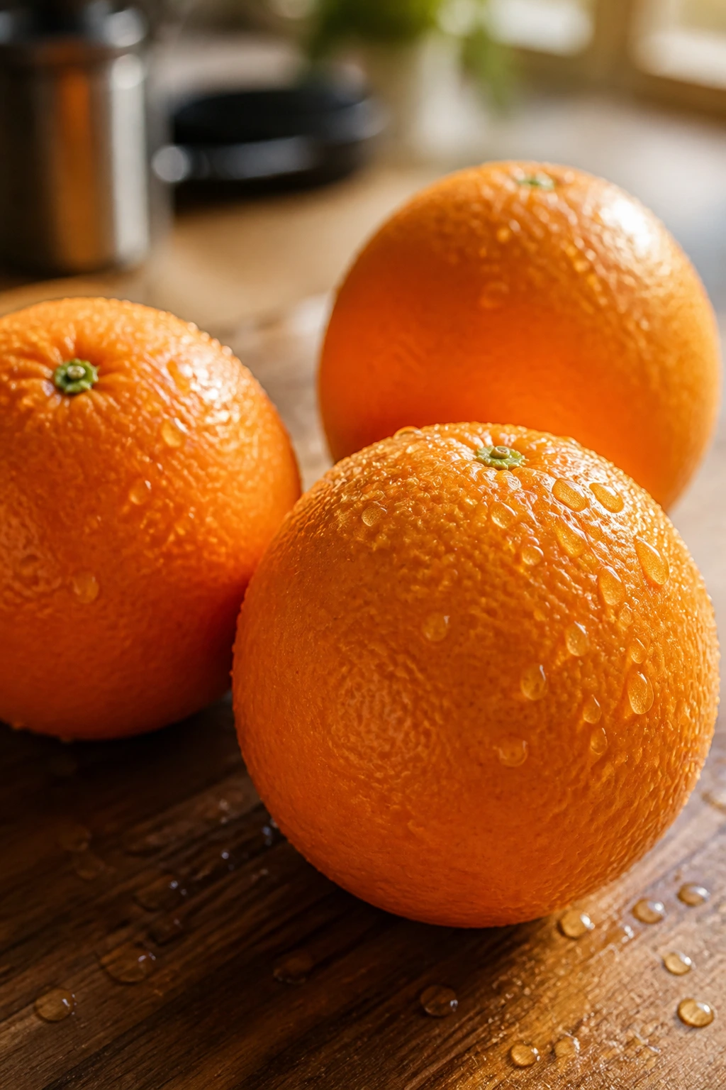 To Eat Orange Before Or After Workout? Which Should Choose? 2 Close-up of three ripe oranges filling the frame on a wooden counter with droplets.