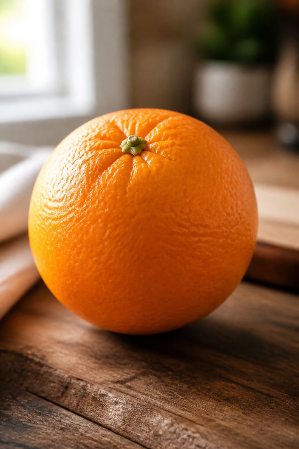 12 Surprising Benefits Of Eating Oranges For Skin And Hair 13 Close-up of a single bright orange on a rustic kitchen counter highlighting textured rind for skin health.