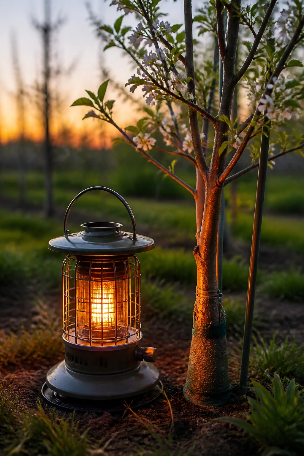 How To Protect Fruit Trees From Frost And Freeze Damage 5 Close-up of a small portable orchard heater warming a young fruit tree in a garden