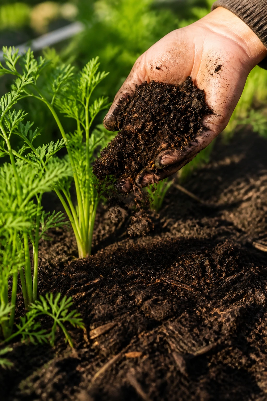 Gardener's Guide: The Best Fertilizer For Carrots 4 Dark compost being spread into a carrot bed outdoors