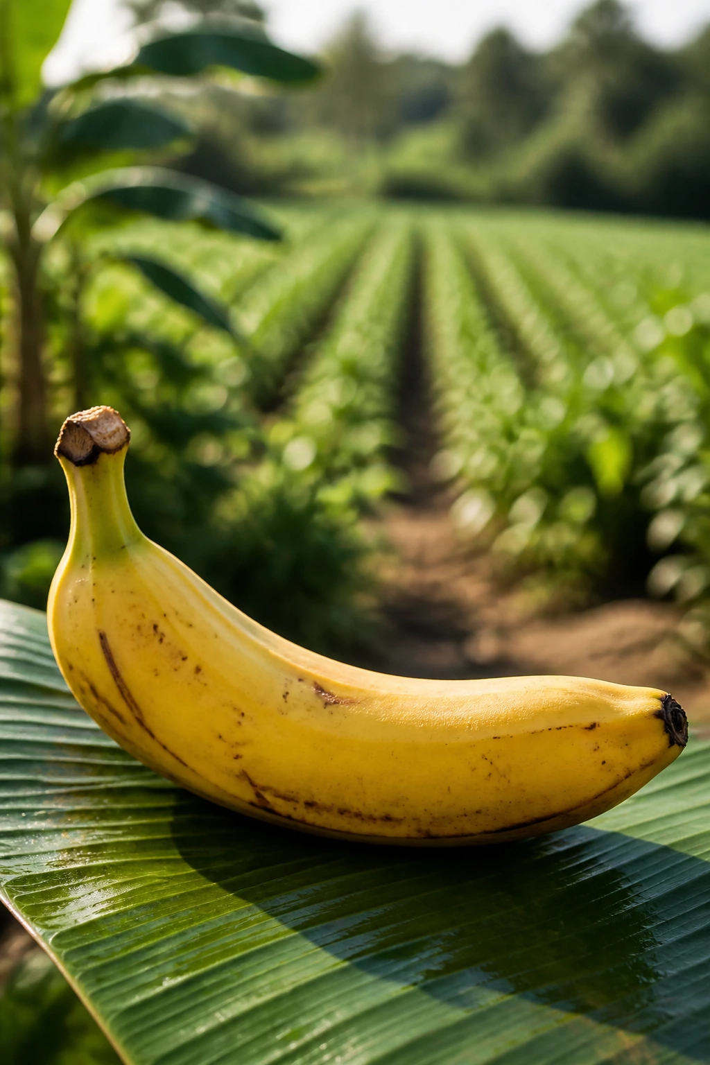 Organic Bananas Vs Regular Bananas: Which Should You Go For? 4 Banana in front of a farm landscape illustrating environmental impacts.