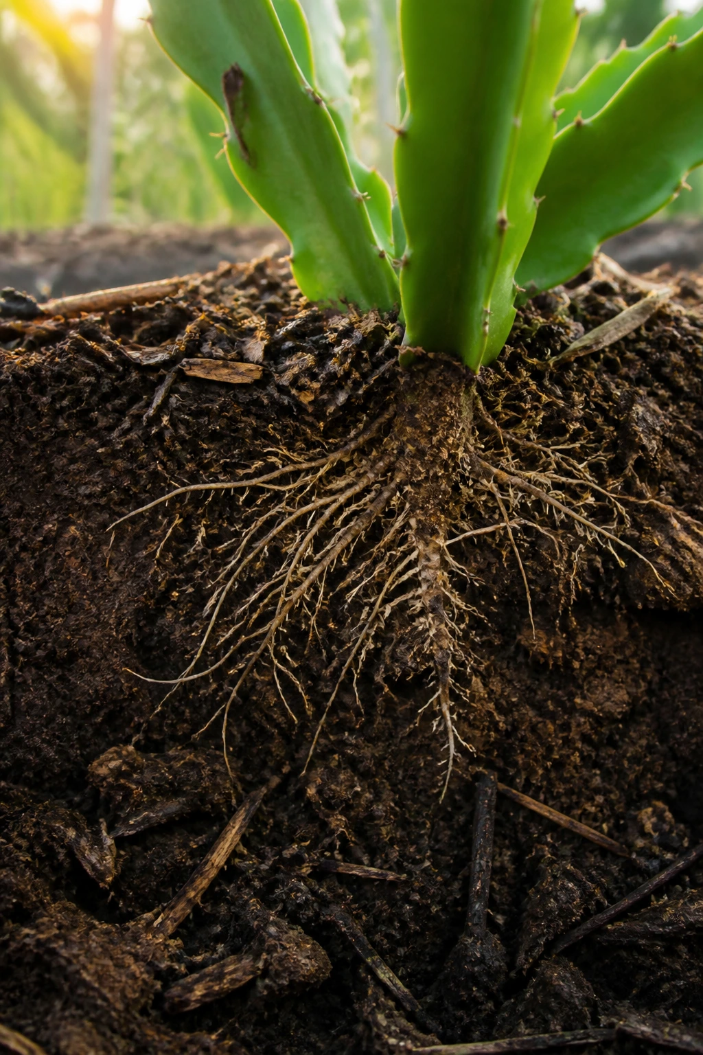Close-up of rich soil with organic matter around dragon fruit roots, illustrating organic fertilizer in cultivation