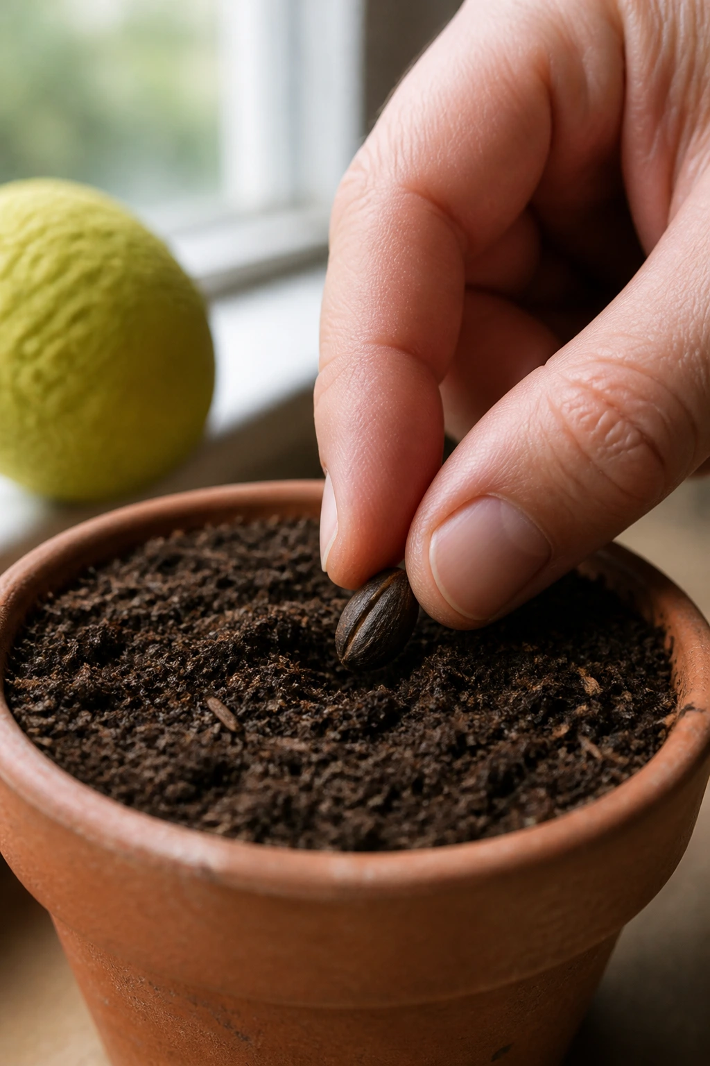 How To Grow An Osage Orange Tree From Seed: Step-By-Step Guide 1 Close-up of an Osage orange seed being planted in soil inside a small seed starter pot