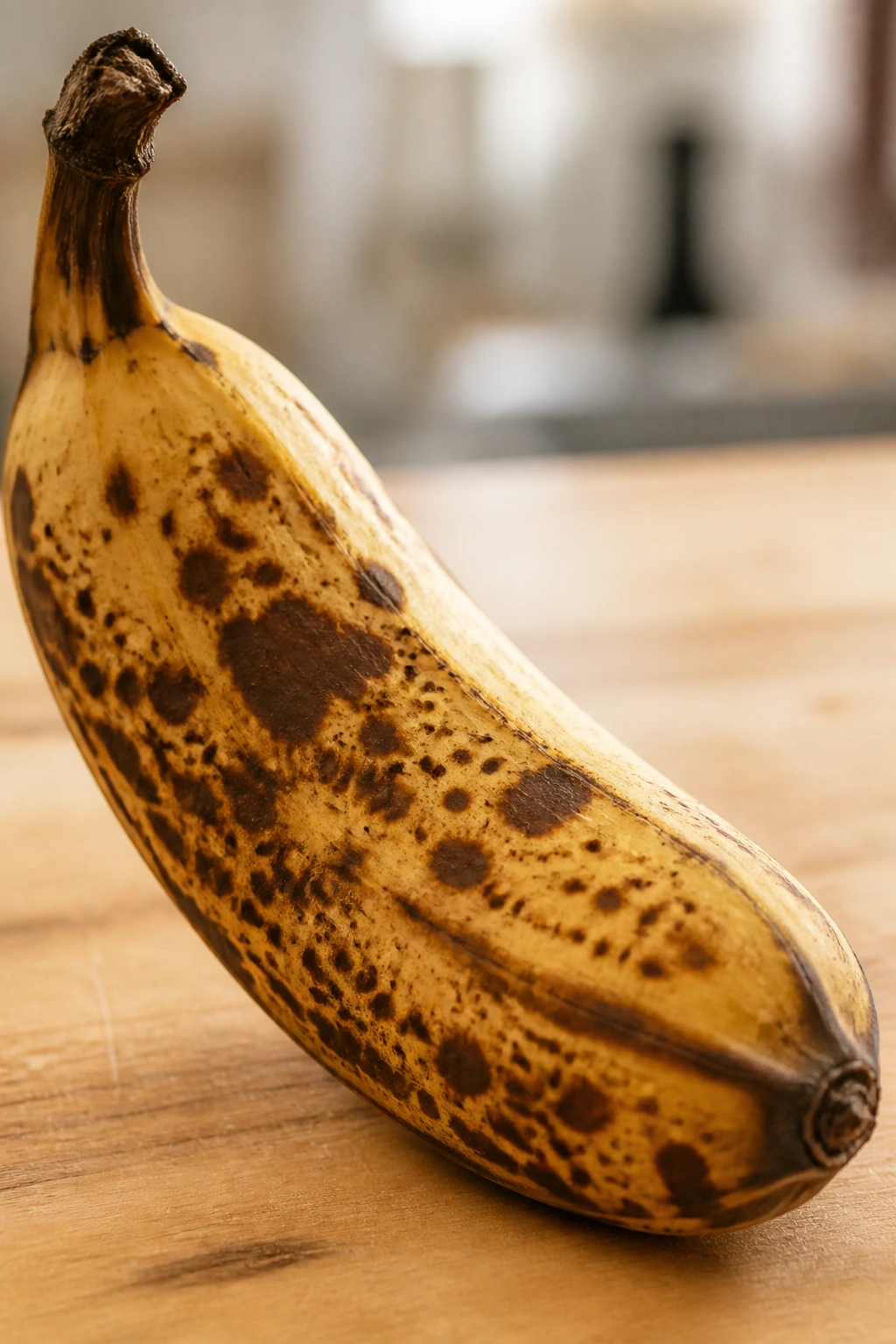 Close-up of an overripe banana with brown spots on a wooden kitchen counter