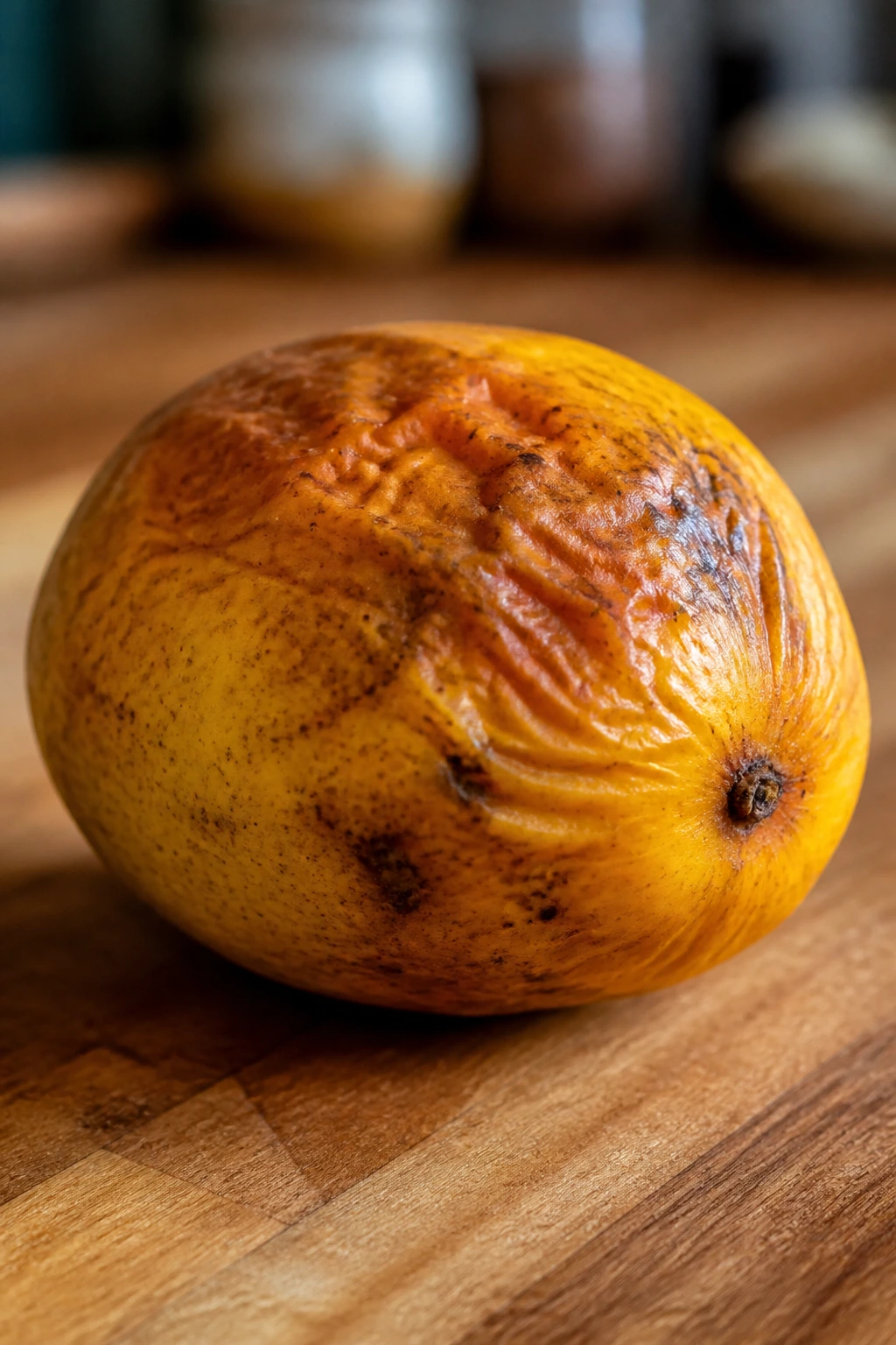 Close-up of an overripe mango with wrinkled skin on a wooden kitchen counter