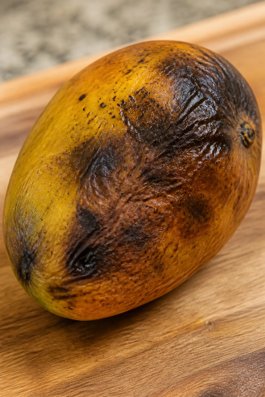 Overripe mango bruised on a kitchen counter illustrating storage mistakes.