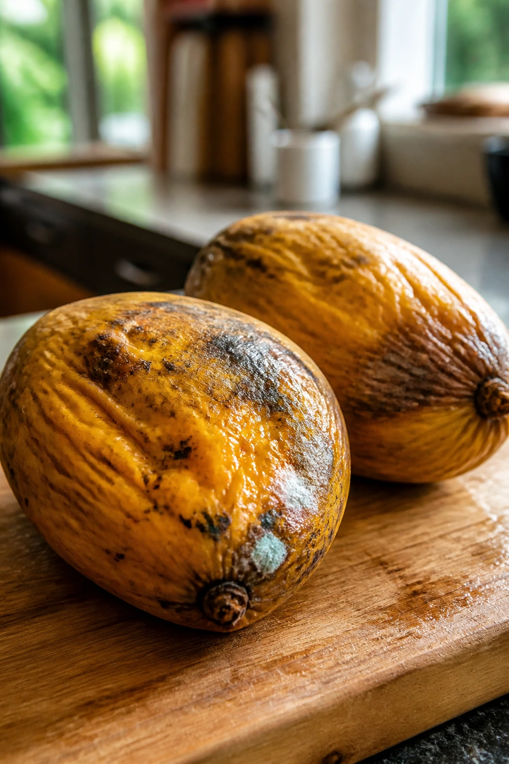 Two overripe mangoes with mushy skins on a wooden cutting board