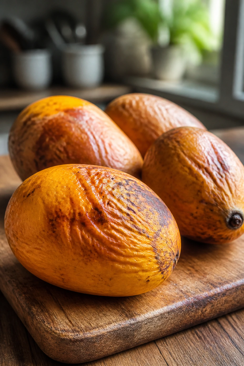 From Unripe to Ripe: How Long Do Mangoes Last? 10 Close-up of several overripe mangoes with brown spots on a wooden cutting board