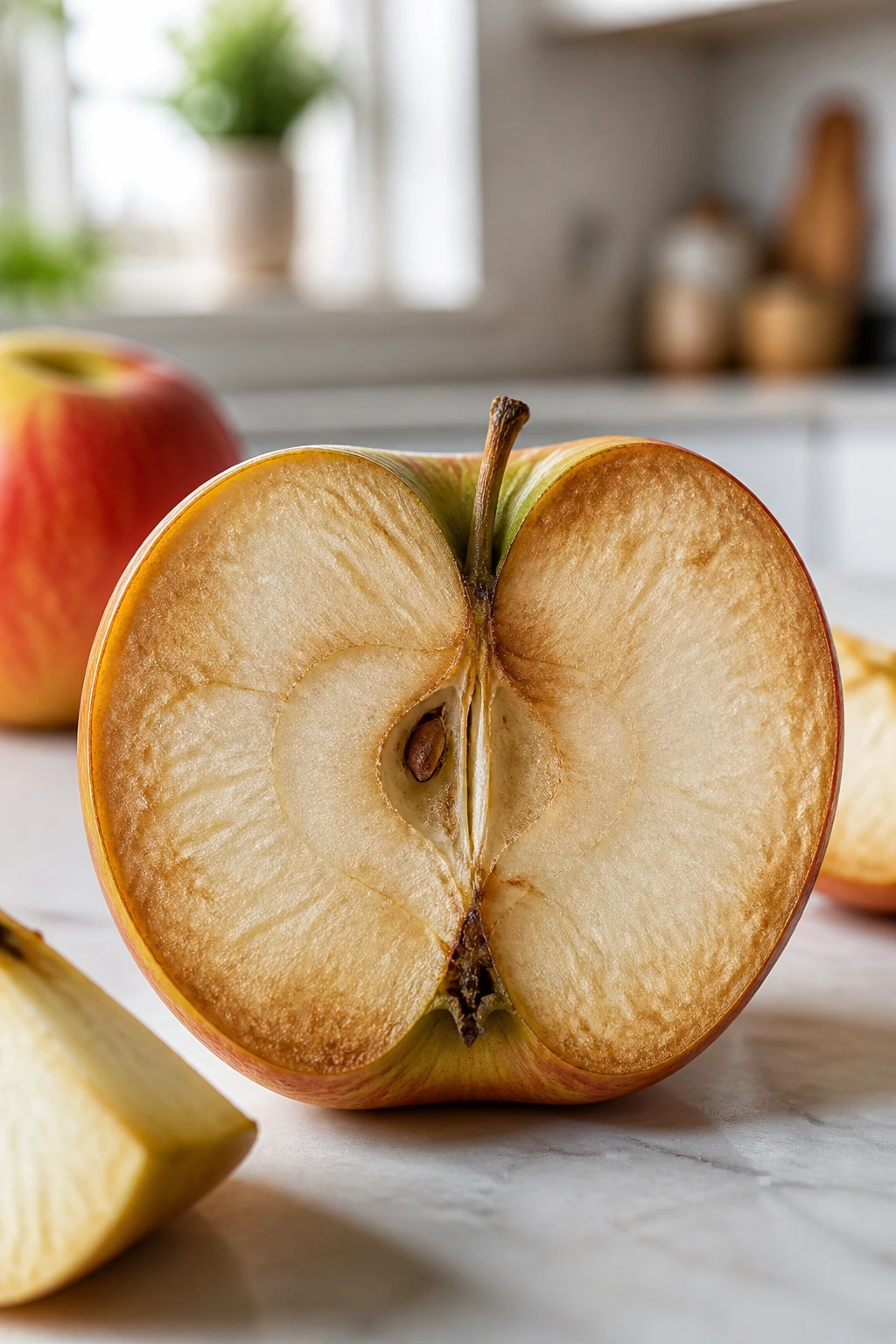 Does Blending Fruit Destroy Nutrients? Find Out Now! 5 Sliced apple with browning edges showing oxidation in a kitchen setting