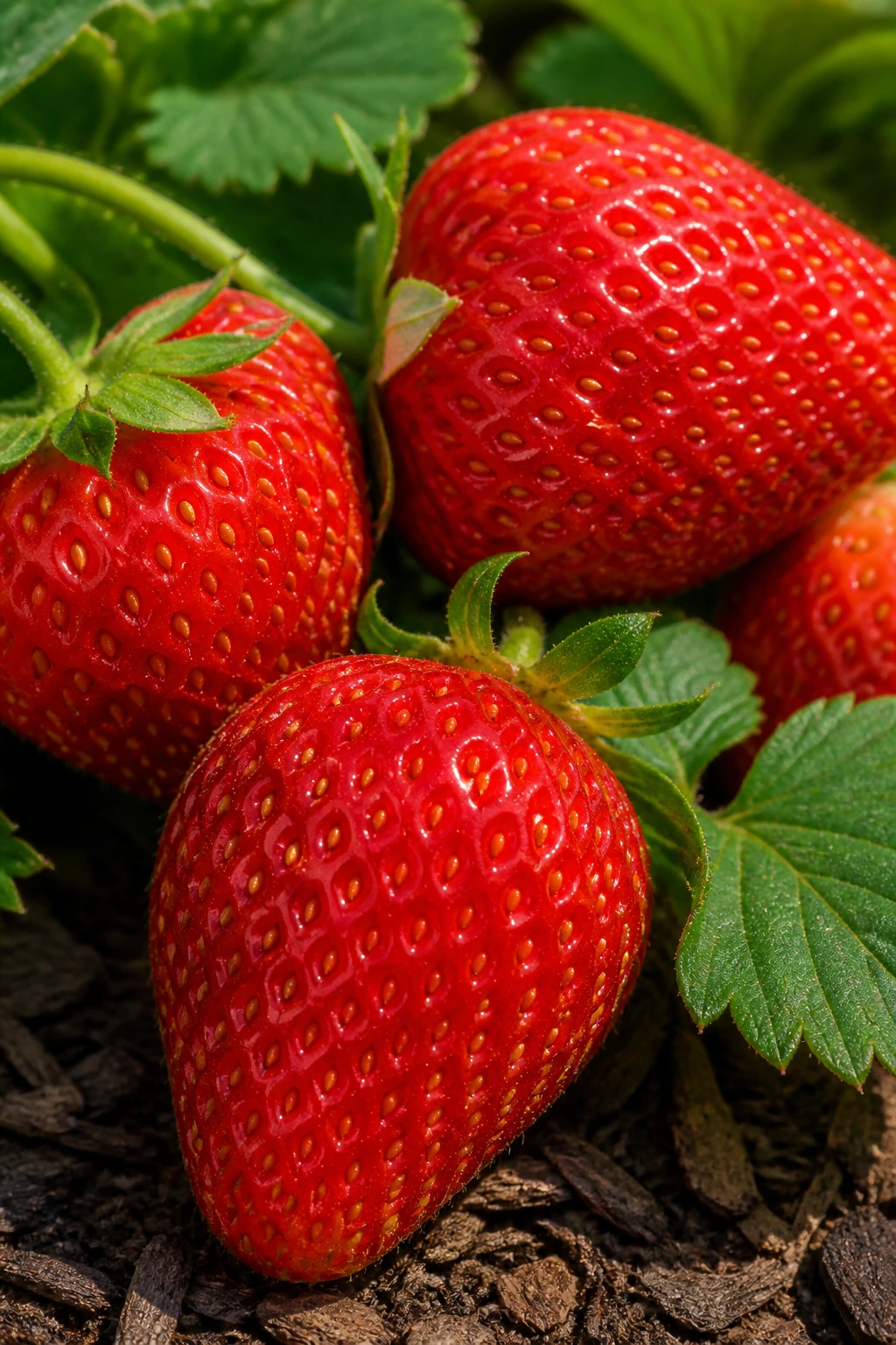 20 Popular Varieties Of Strawberries - And Which To Choose 12 Close-up of large Ozark Beauty strawberries on the plant in a sunny garden.