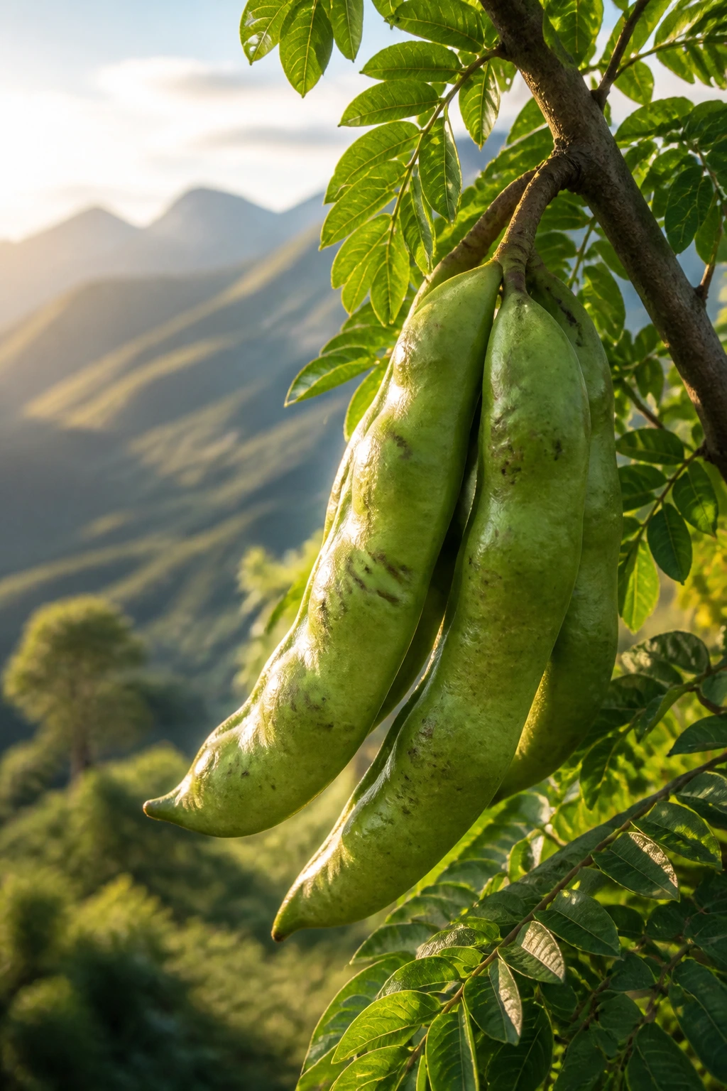 Pacay fruit on branch with Andes background