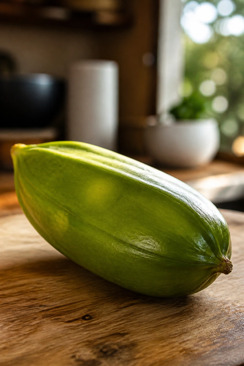 Close-up of a whole pacay fruit with glossy green skin on a wooden surface