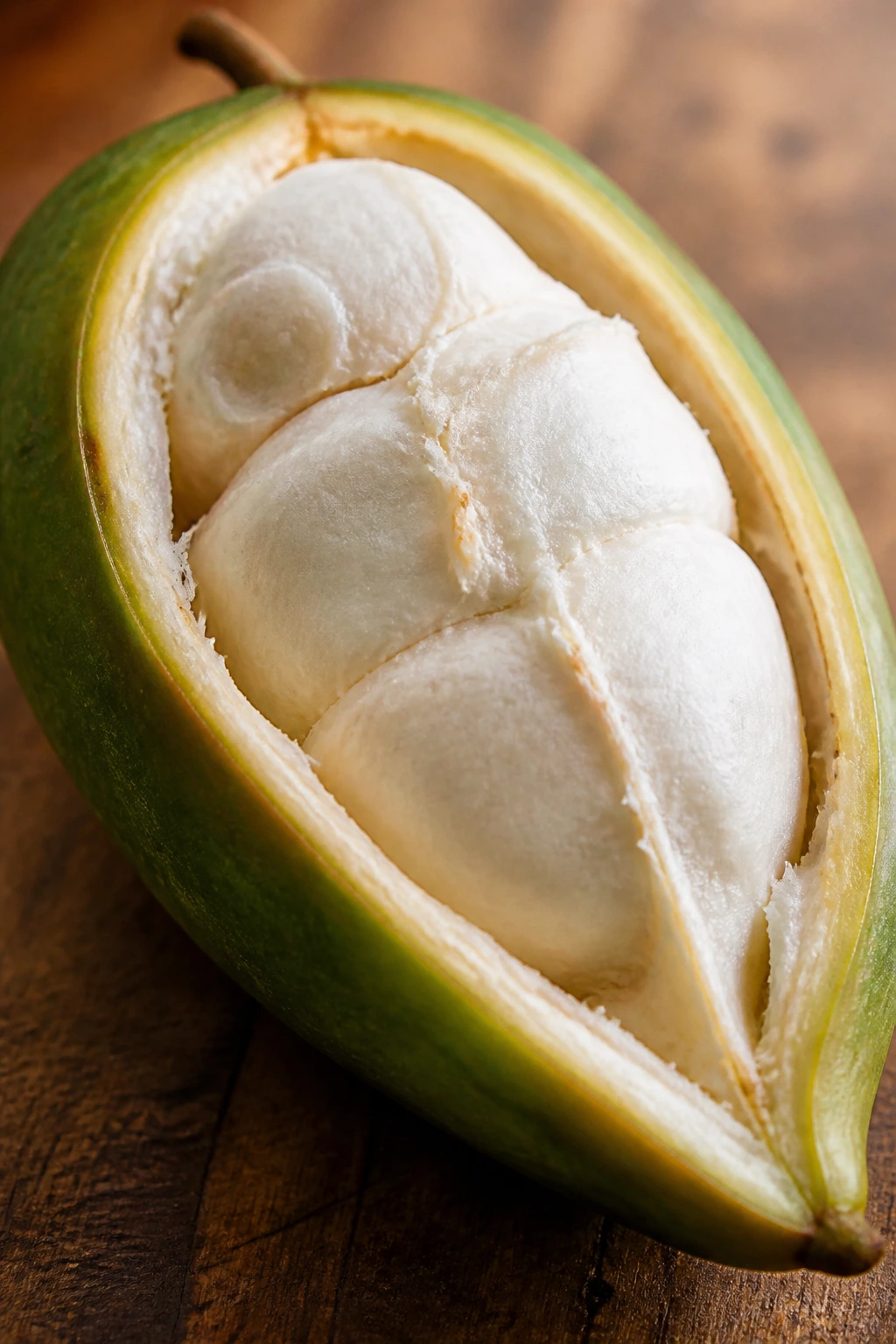 Close-up of a halved pacay fruit showing creamy white flesh on a wooden kitchen surface