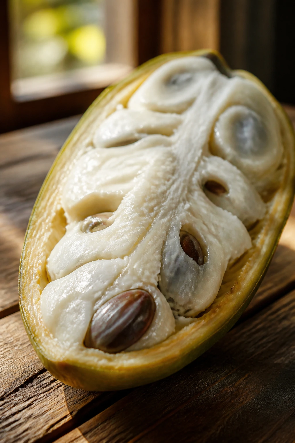 Close-up halved pacay showing creamy flesh and seeds on wood