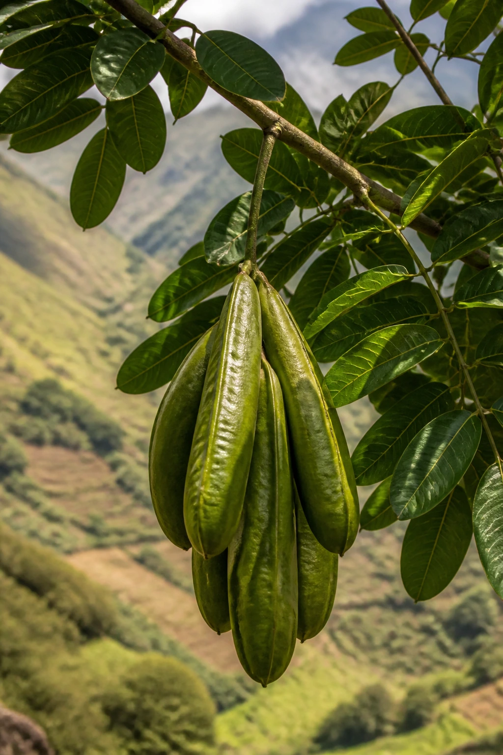 Pacay fruit on tree with Andean hillside background