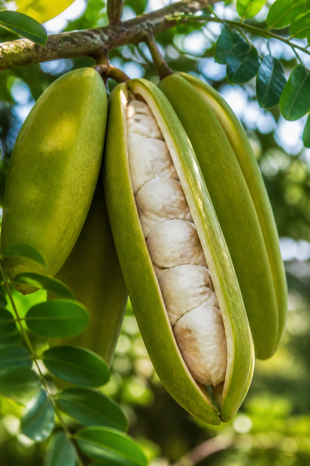 Vibrant pacay fruit on branch with leaves in sunlight