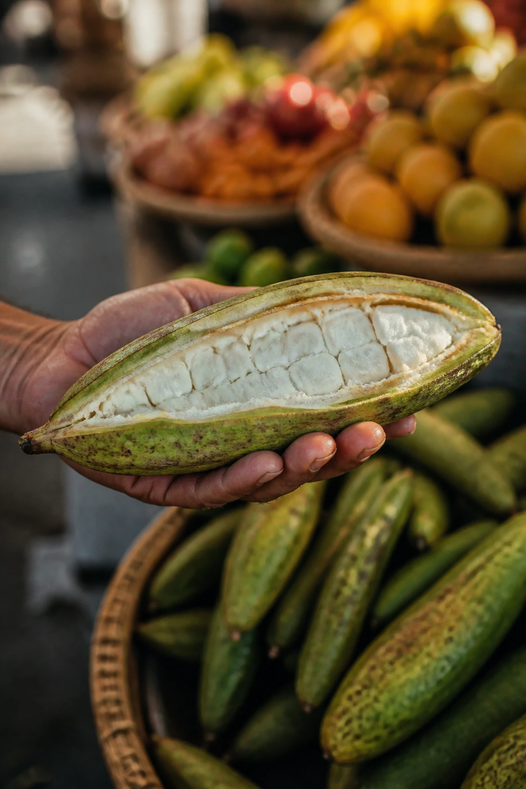 Ripe pacay fruit in farmer's hand at market