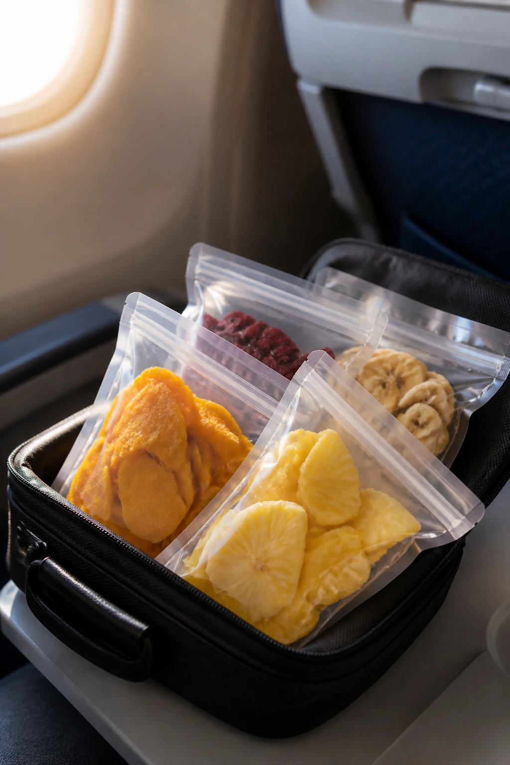 Sealed fruit packages in a carry-on on airplane tray