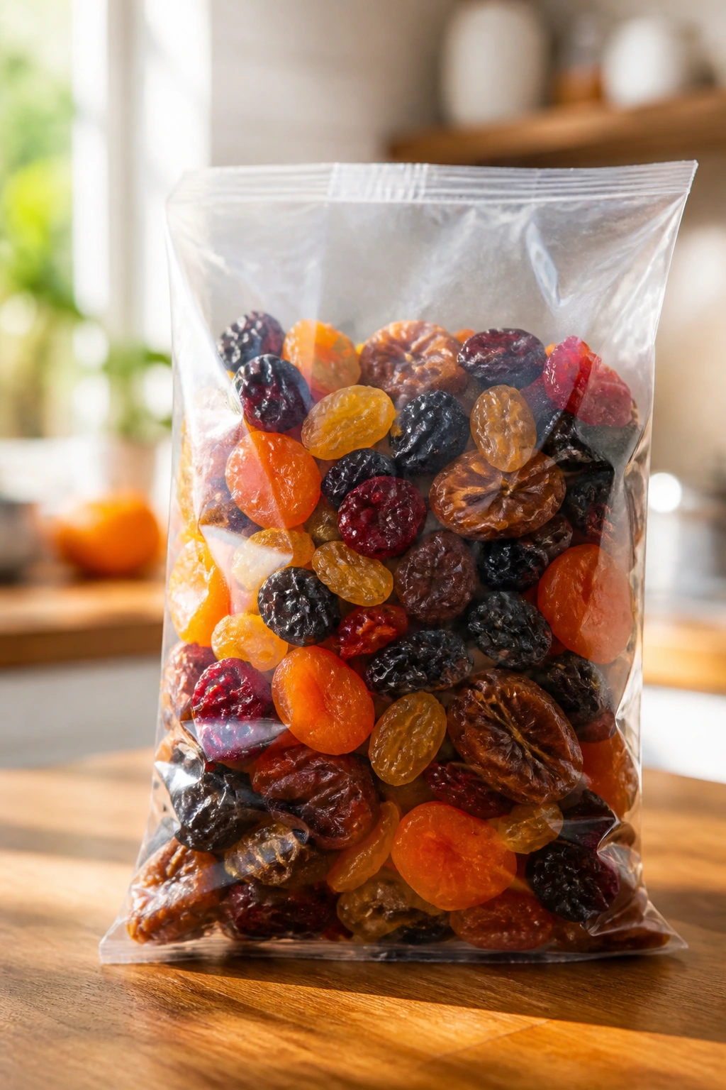 Clear bag of dried fruit on kitchen counter