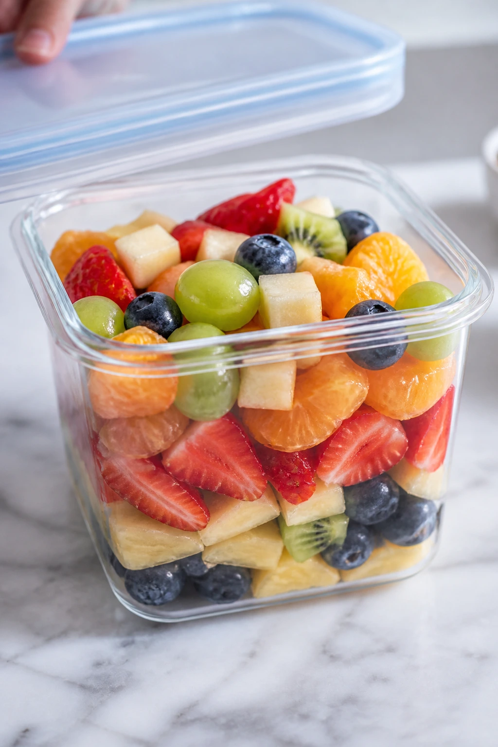 Storing Your Fruit Salad to Last - Freezing Fresher, Longer 7 Freezer-safe container being packed with fruit salad for freezing.