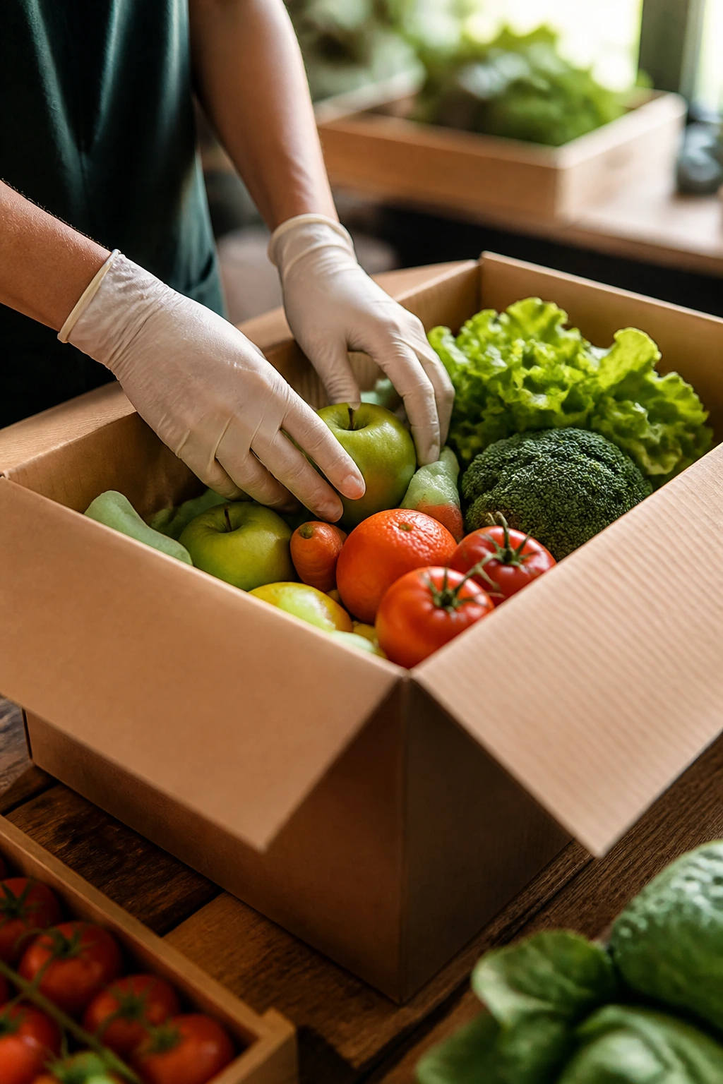 How To Ship Fruits And Vegetables:Â An Expert Guide 4 Close-up of gloved hands packing fresh produce into a box at a packing station