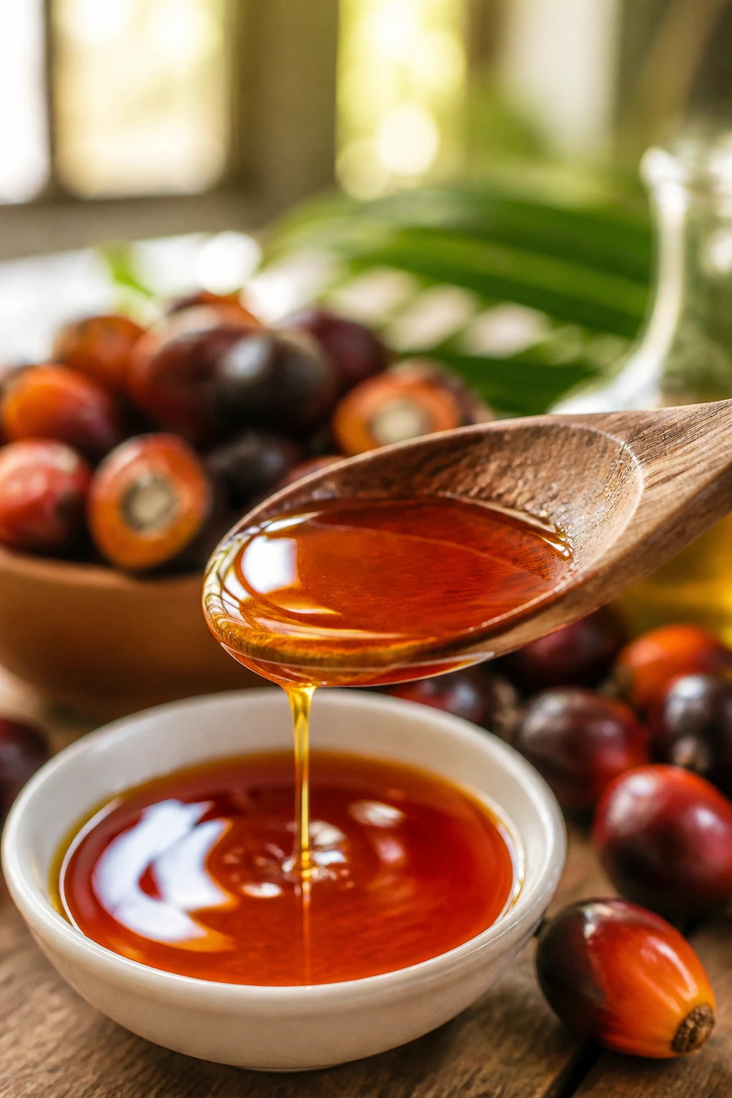 Close-up of palm fruit oil on a wooden spoon in a bright kitchen.