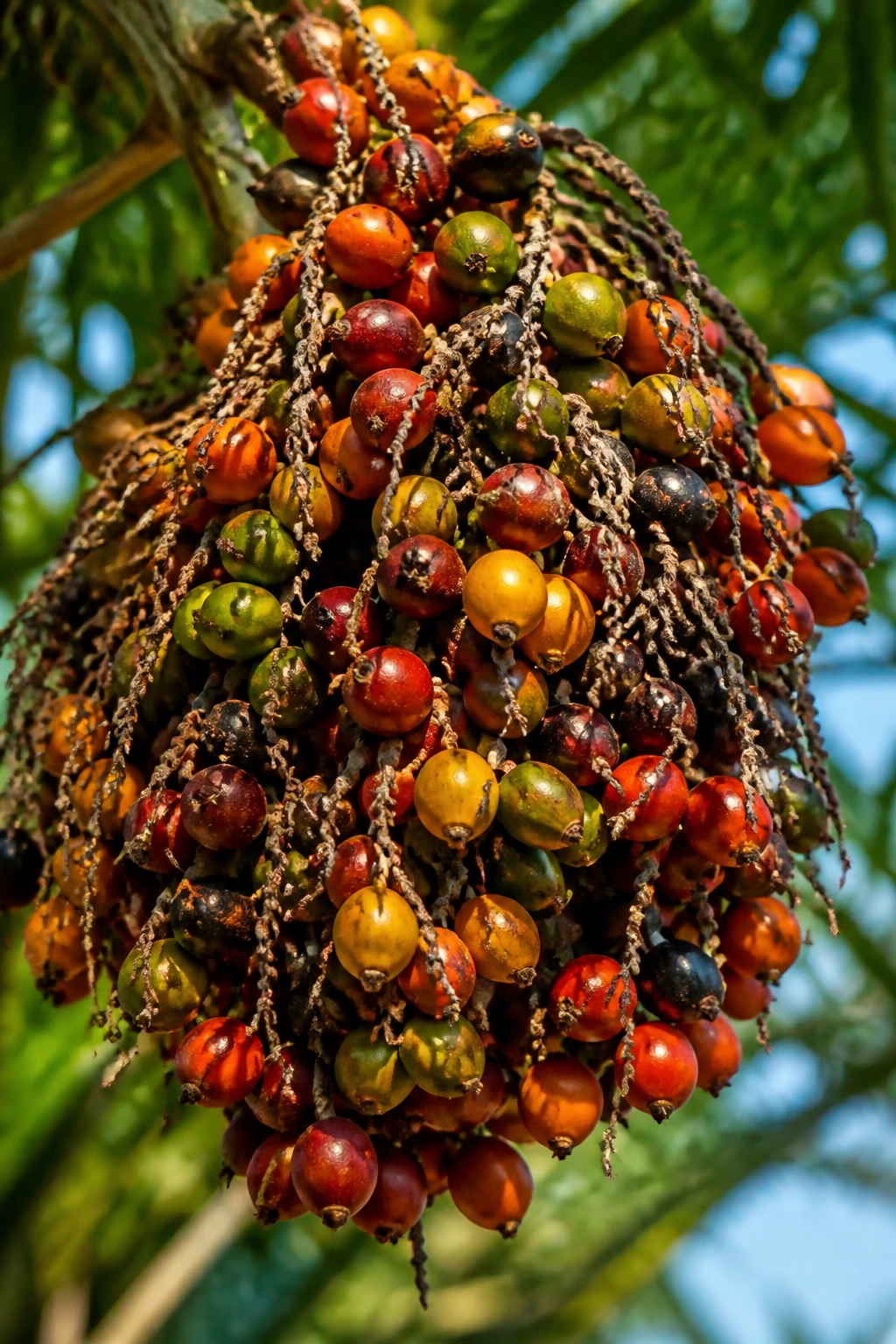 Close-up of a palm fruit cluster on a palm tree in a tropical setting