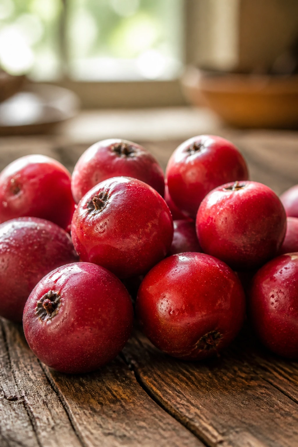 Close-up of a handful of Panama Berries on a rustic wooden surface.