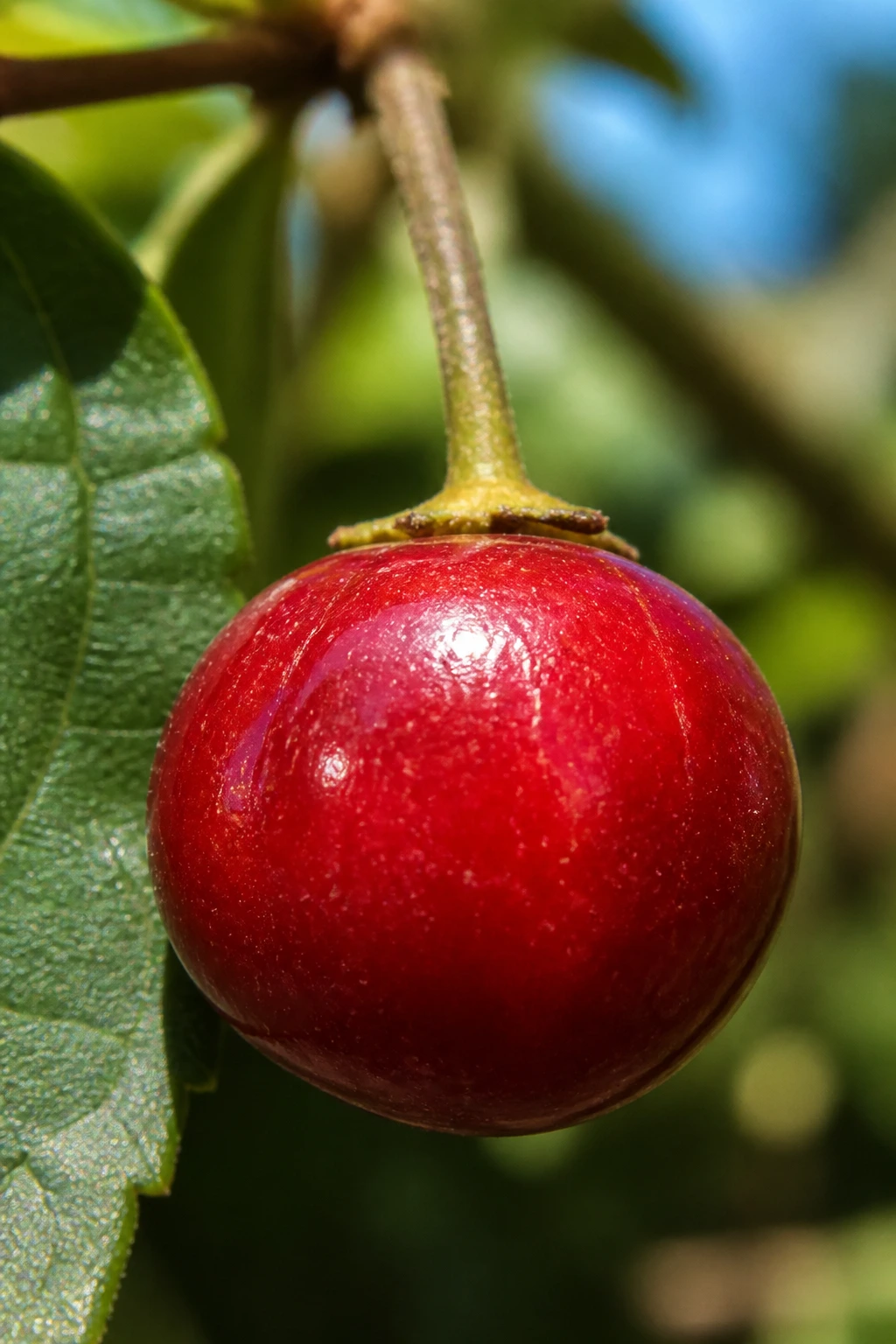 Close-up of a single ripe Panama Berry on its stem in a sunlit tropical garden.