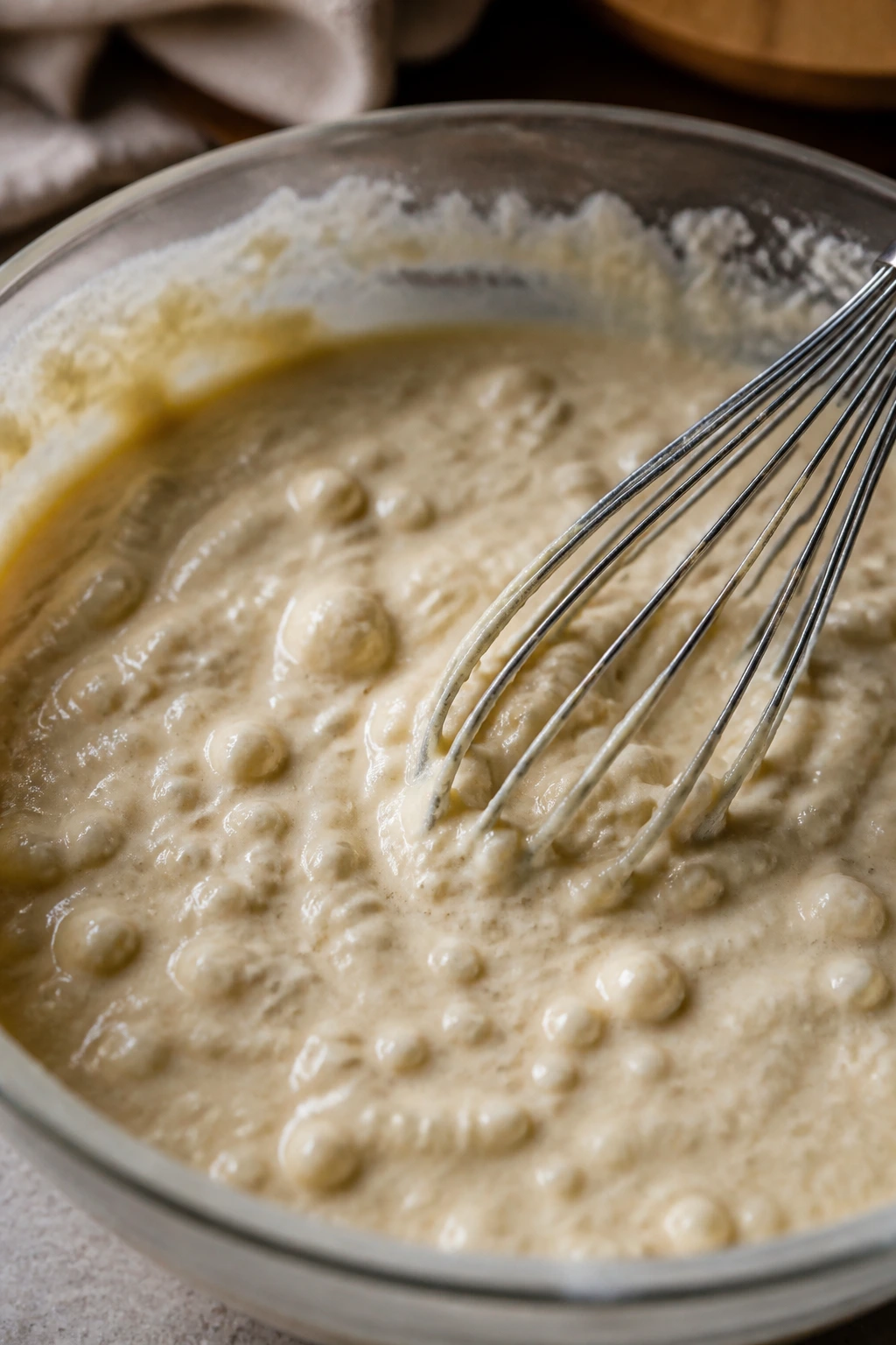 Lumpy pancake batter in a bowl illustrating common problems.