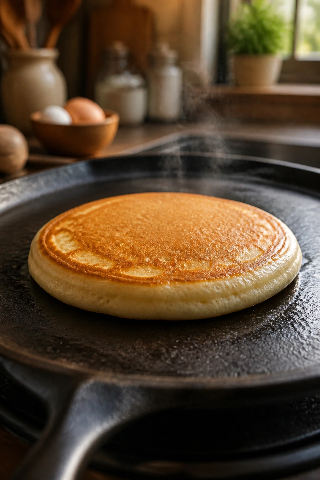 Close-up of a fluffy pancake cooking on a cast-iron griddle with a golden crust and steam.