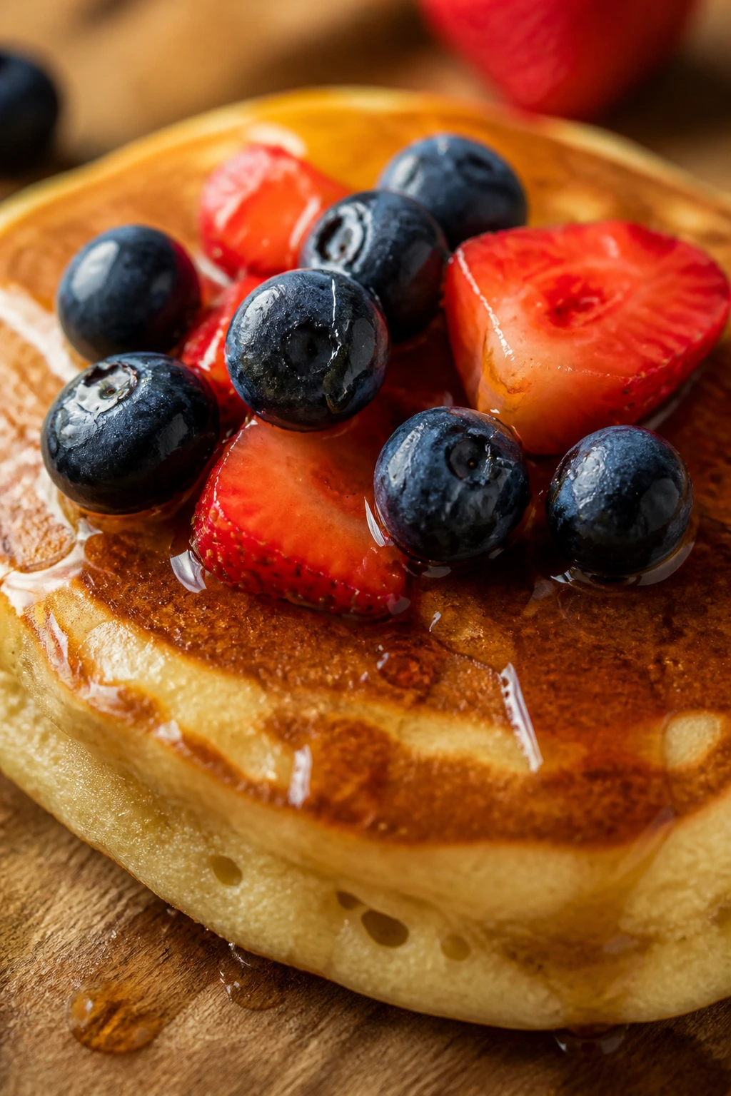 Fluffy pancake with maple syrup and berries on a wooden surface.