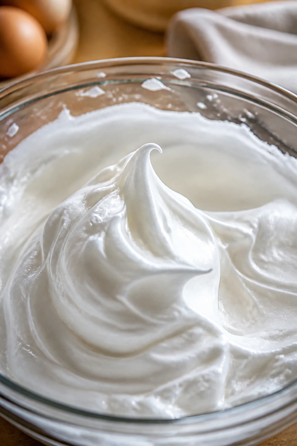 Close-up of whipped egg whites forming stiff peaks in a bowl for pancake tips.