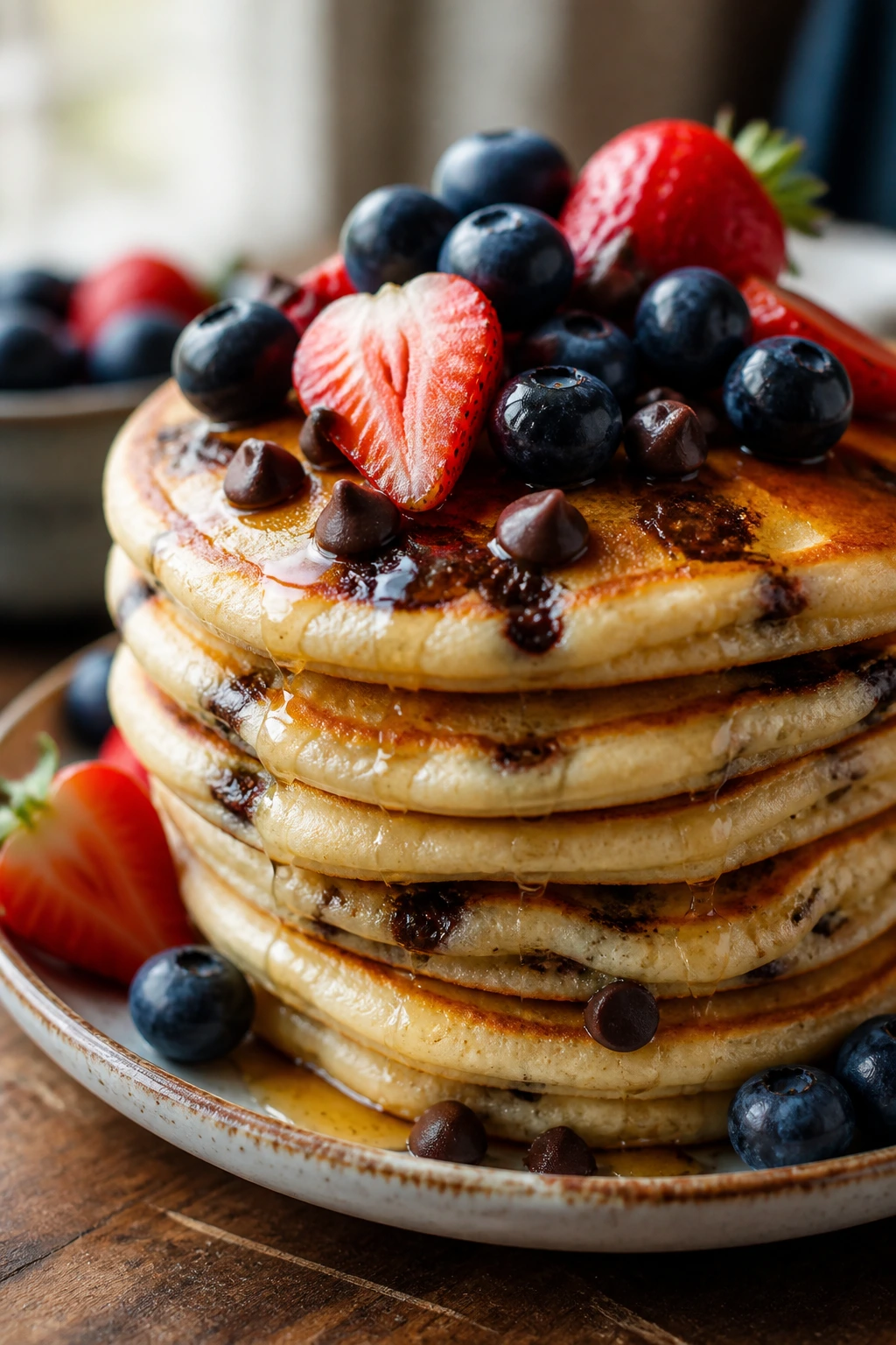 Stack of fluffy pancakes with berries and chocolate chips on top.