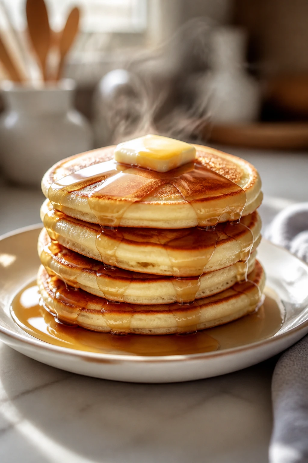 Stack of fluffy pancakes on a plate with syrup in warm kitchen light.