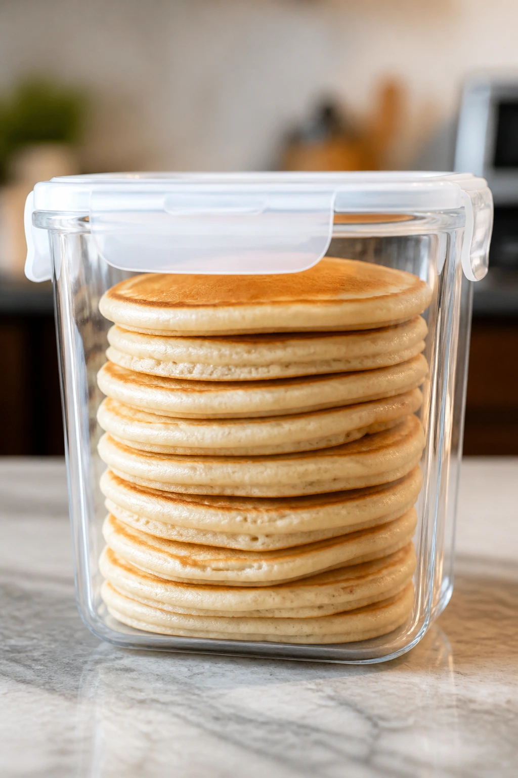 Airtight container with stacked pancakes ready for storage and reheating.