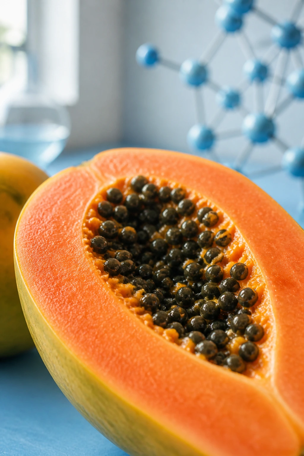 Close-up of papaya with a science-inspired background to imply allergen proteins.
