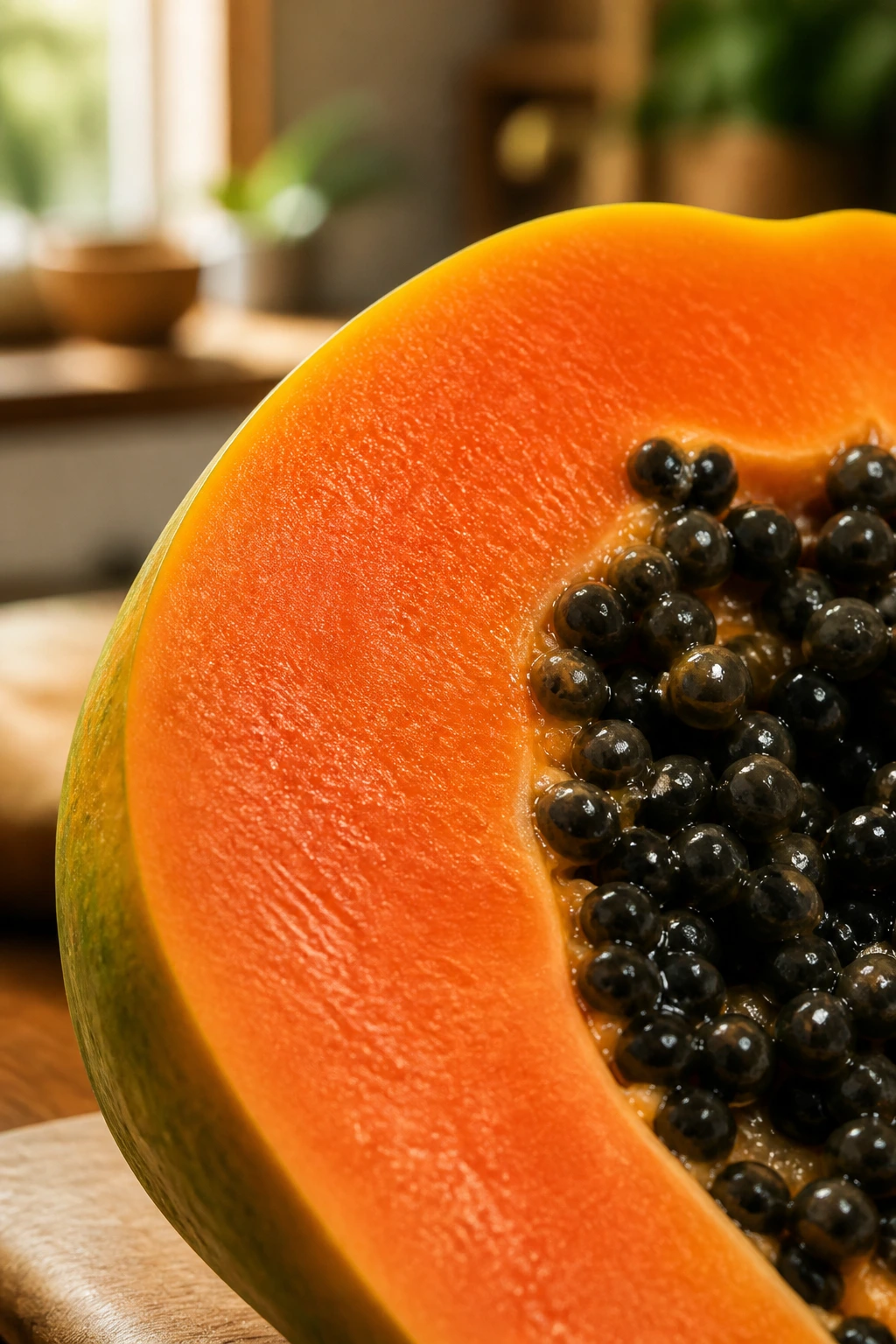Close-up of a ripe papaya half on a kitchen counter, orange flesh vivid.