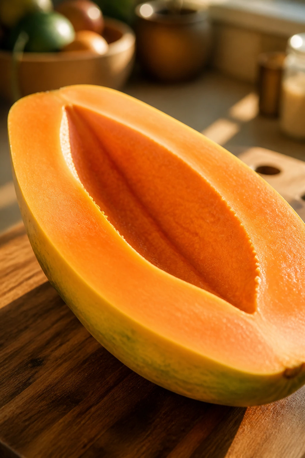 Papaya With Milk Benefits For Skin, Hair, & Health 1 Close-up of a ripe papaya half with orange flesh in a warm kitchen