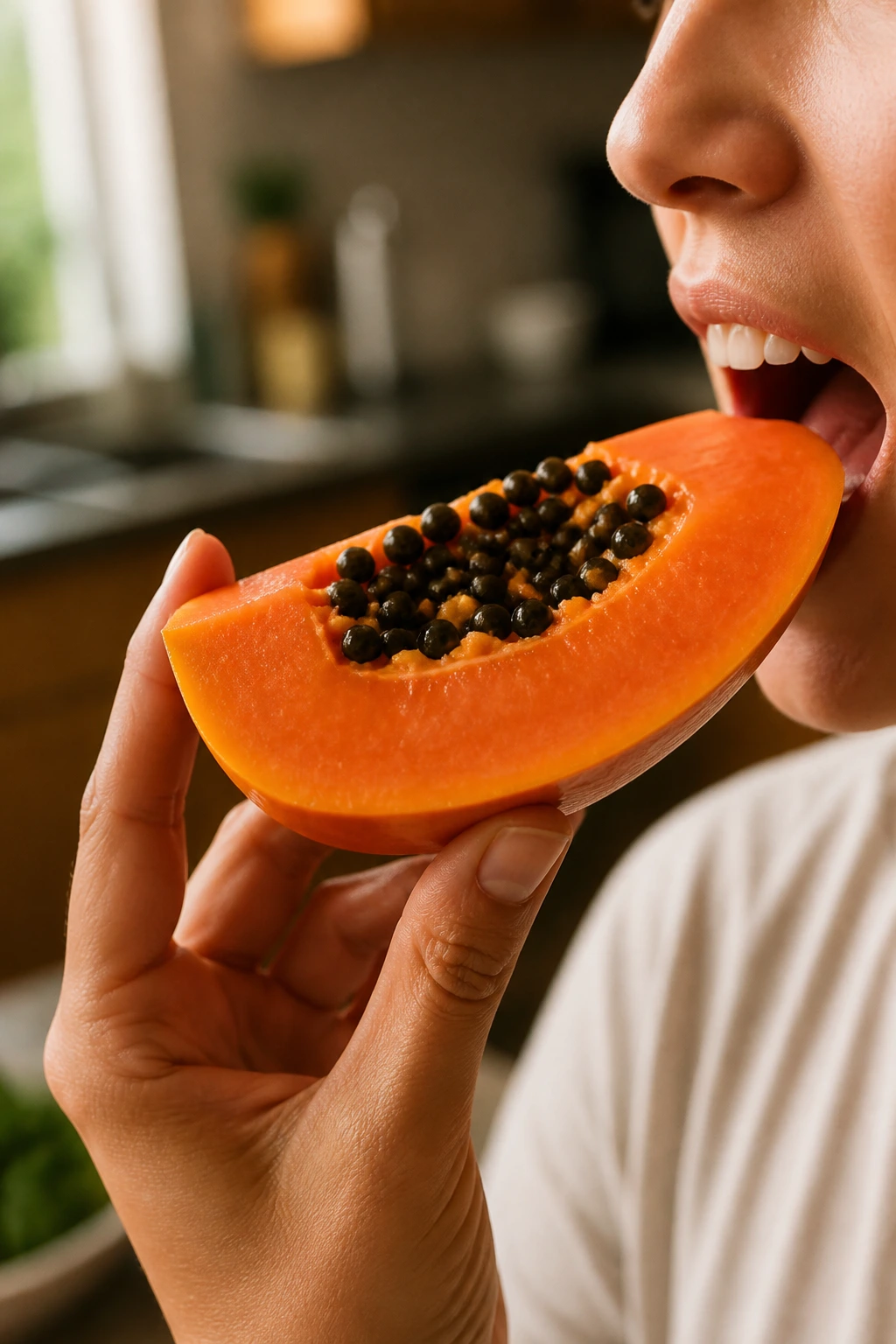 Papaya wedge held near the mouth in a warm kitchen, illustrating digestion aid