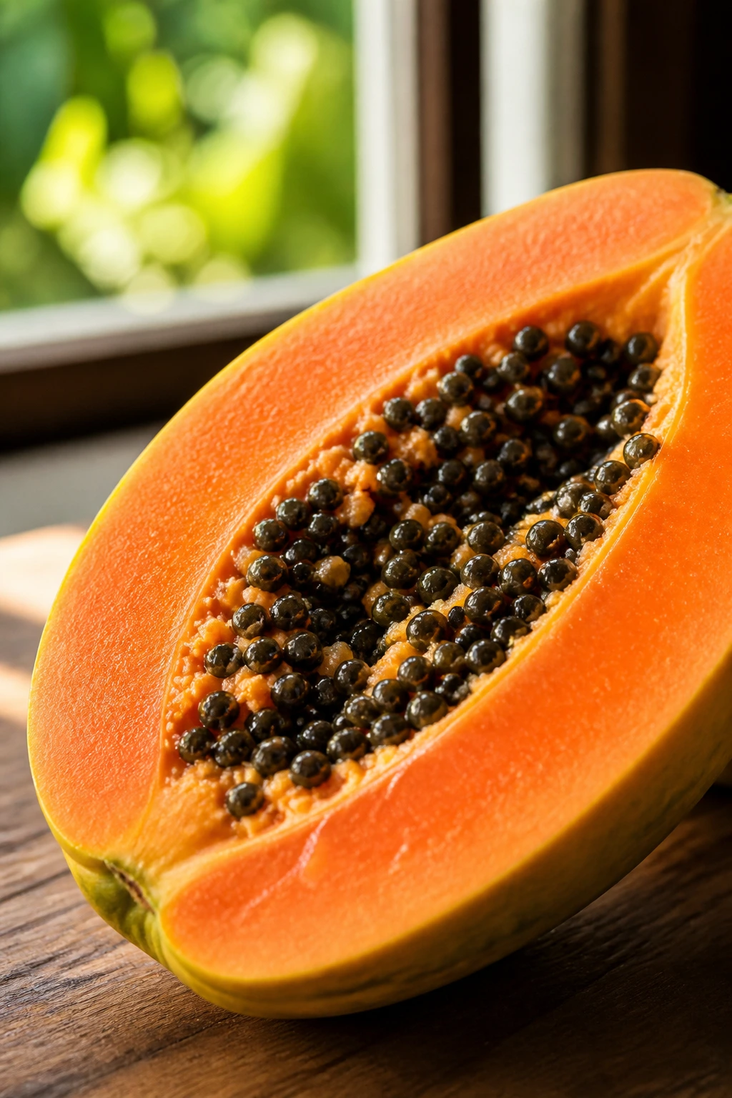 Papaya half with orange flesh and seeds on a wooden table