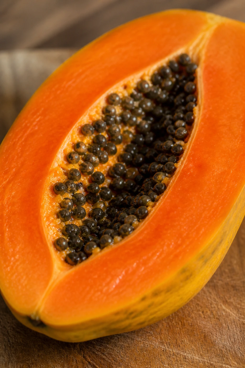 Nature's Digestive Aid: Is Papaya Good For Constipation? 3 Close-up of papaya half showing orange flesh and seeds on cutting board