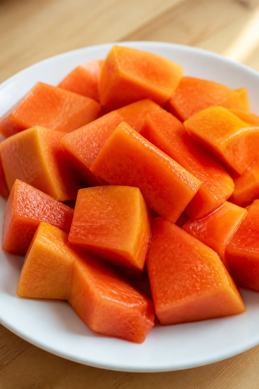 Sliced papaya chunks on a white plate