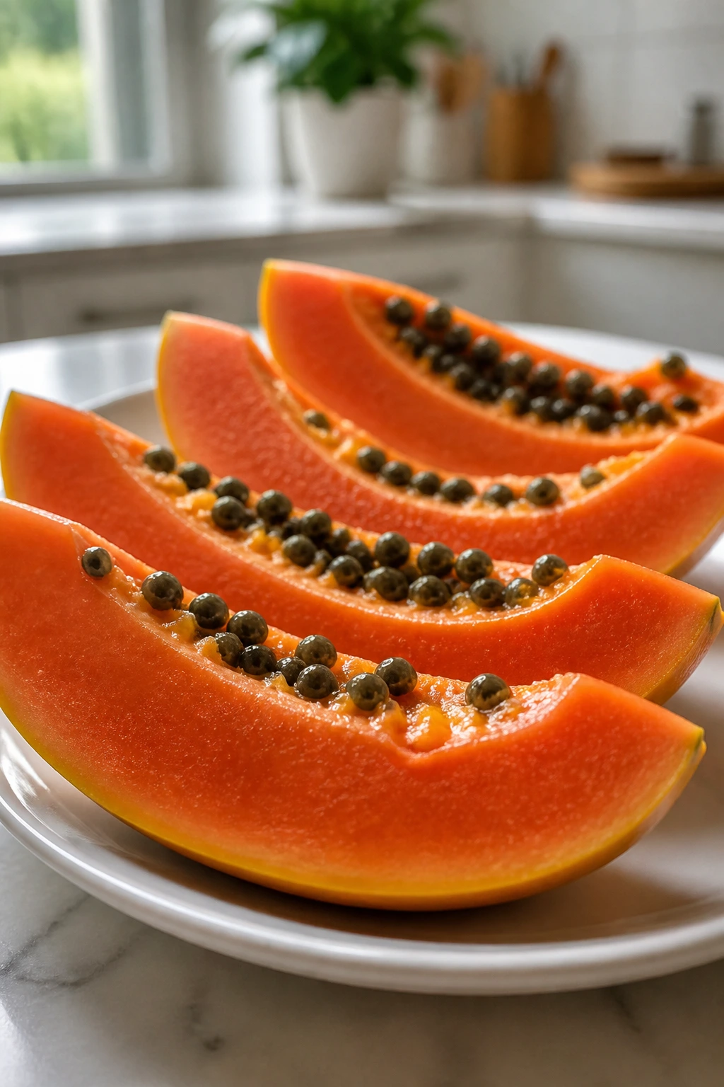 Close-up of papaya slices on a plate in bright kitchen light