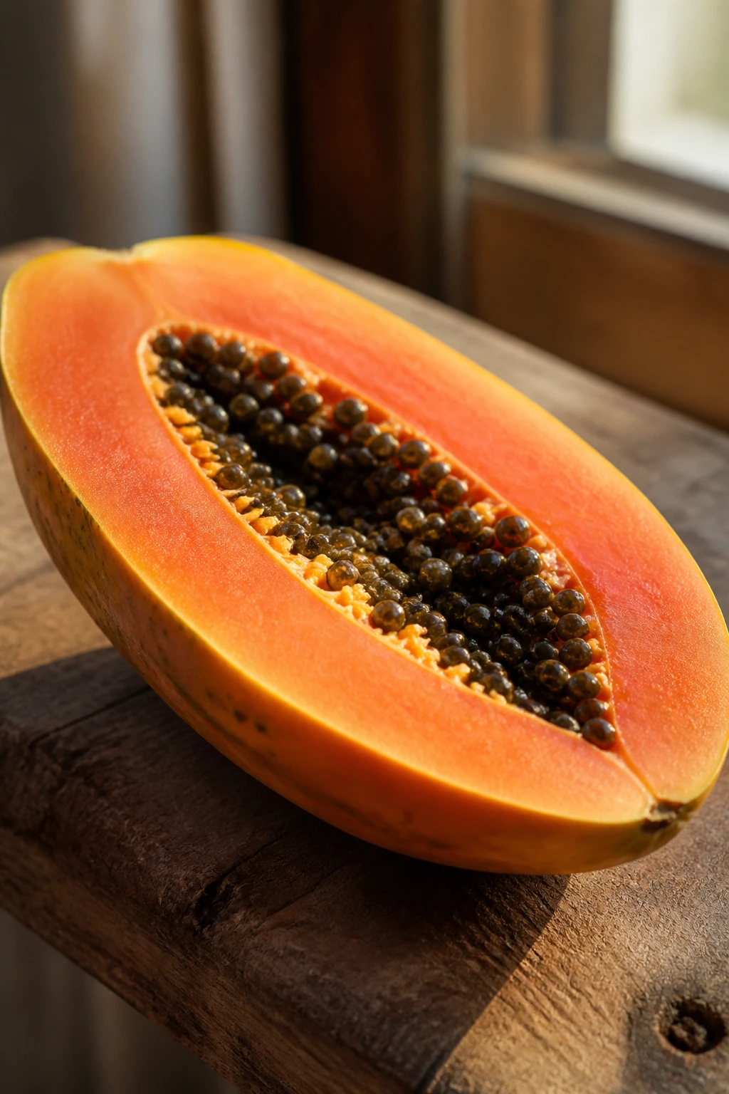 Close up of halved papaya on wooden board with orange flesh and seeds